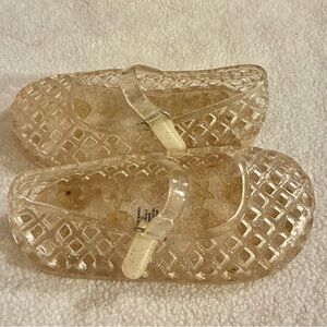 Clear Glitter Jelly Mary Jane Shoes-Toddler 7 Girls Kids 80s Velcro Jellies